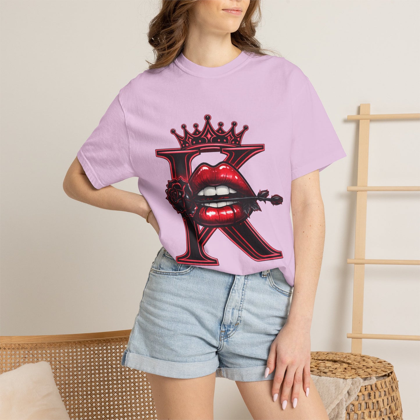 KHUSHI Black Rose Graphic T-Shirt — Red Crown & Lip Logo