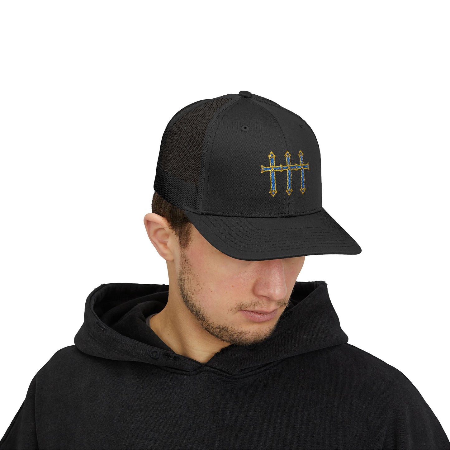 Embroidered Triple Cross Snapback Trucker Cap — Floral Gold & Blue Design