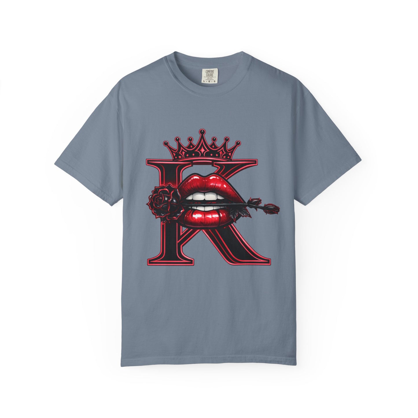 KHUSHI Black Rose Graphic T-Shirt — Red Crown & Lip Logo
