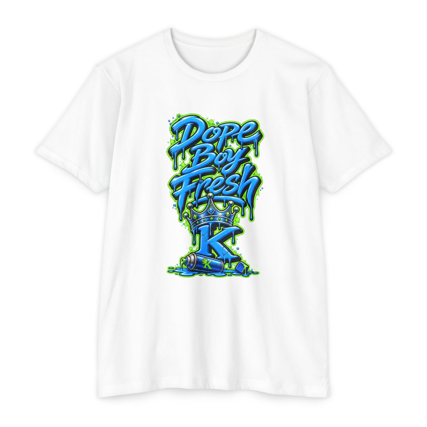 KHUSHI Dope Boy Fresh Graffiti T-Shirt — Urban Streetwear Tee with Blue & Neon Green Drip Design