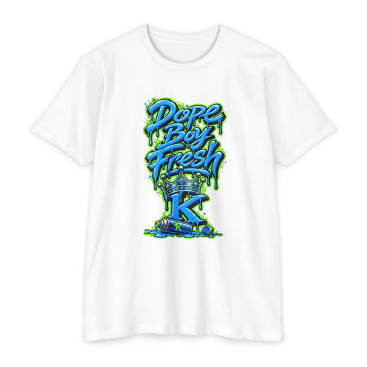 KHUSHI Dope Boy Fresh Graffiti T-Shirt — Urban Streetwear Tee with Blue & Neon Green Drip Design