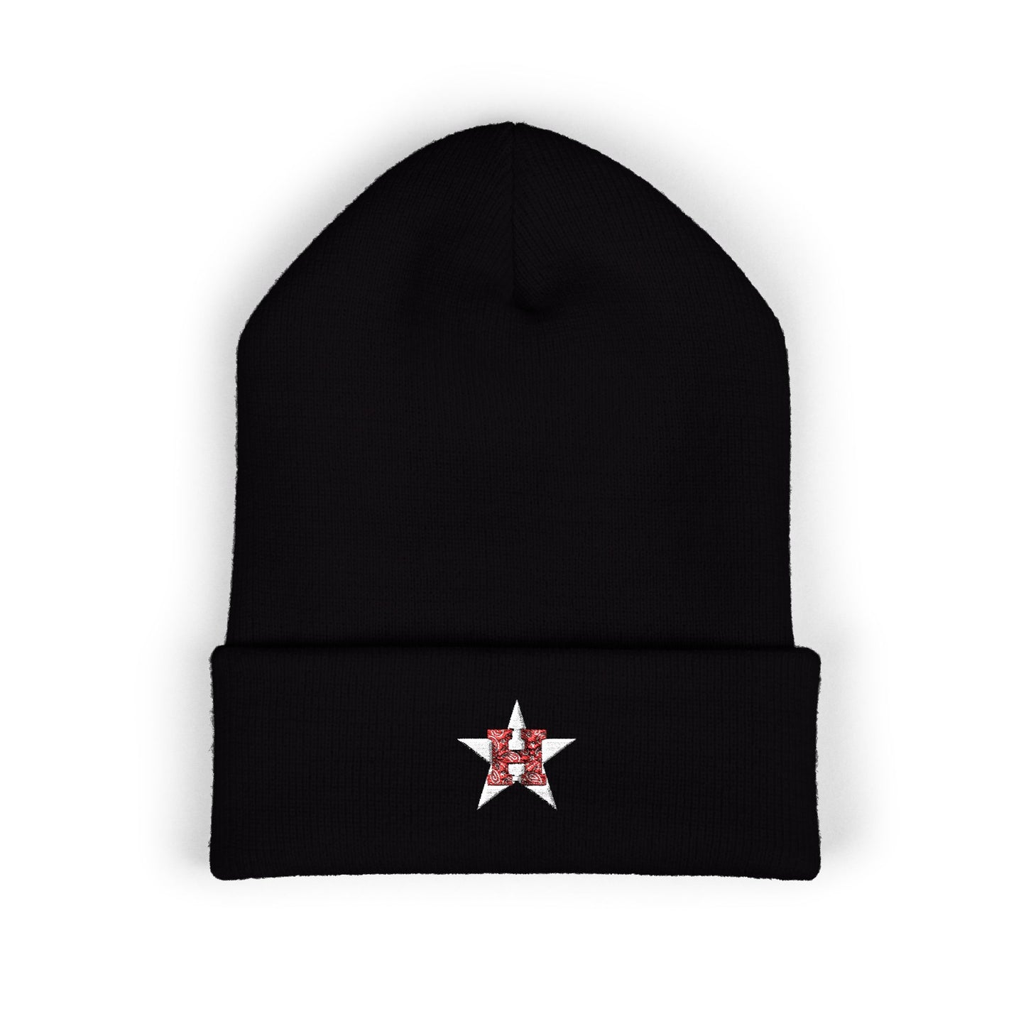 Embroidered Star Bandana Initial Beanie — Classic Cuffed Knit Hat with Red 'H' Accent