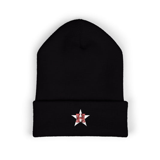Embroidered Star Bandana Initial Beanie — Classic Cuffed Knit Hat with Red 'H' Accent