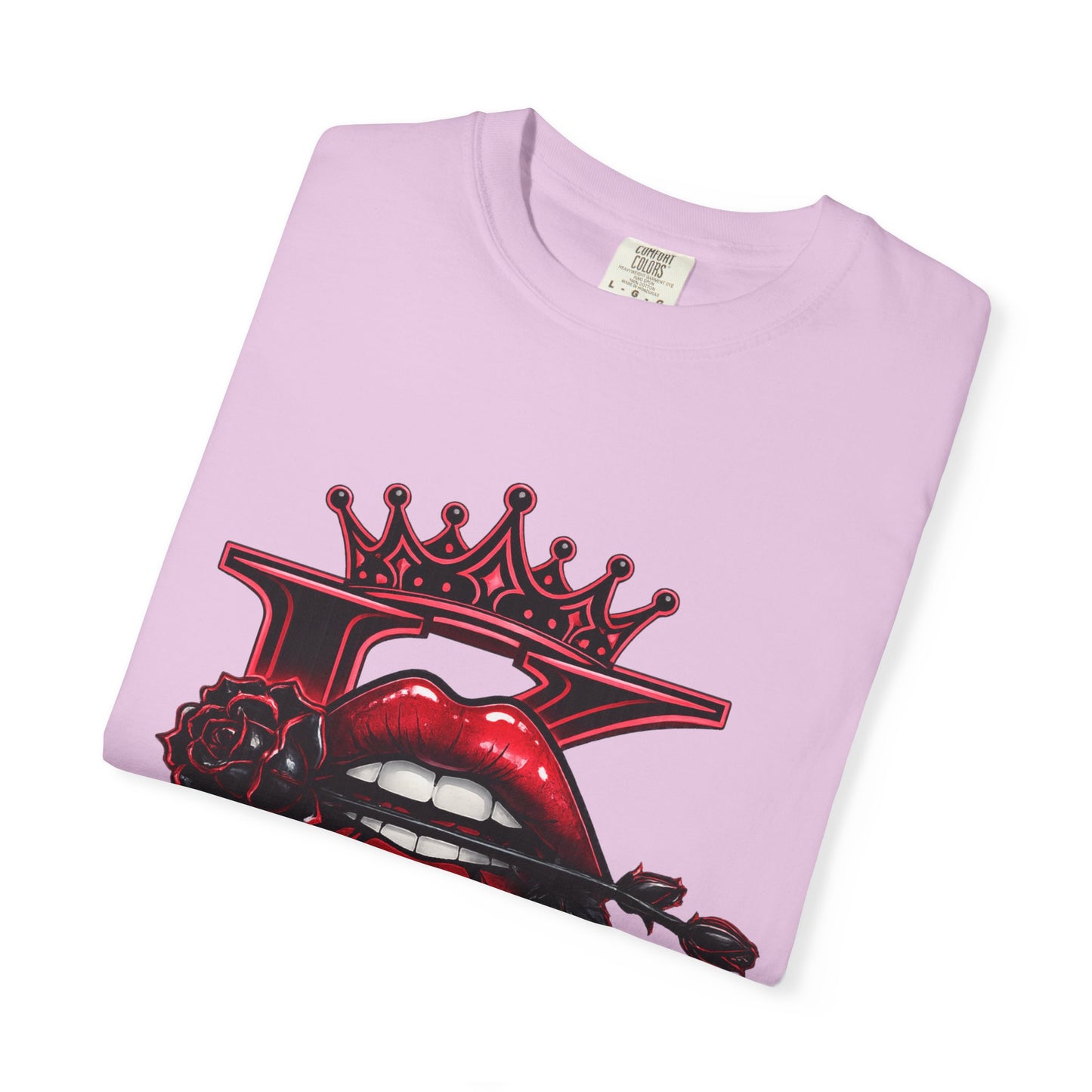 KHUSHI Black Rose Graphic T-Shirt — Red Crown & Lip Logo