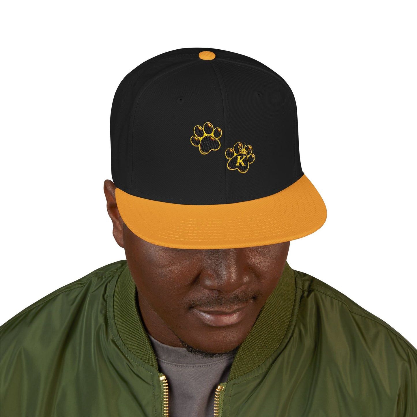 KHUSHI Snapback Hat - Embroidered Gold Leopard Paw Print