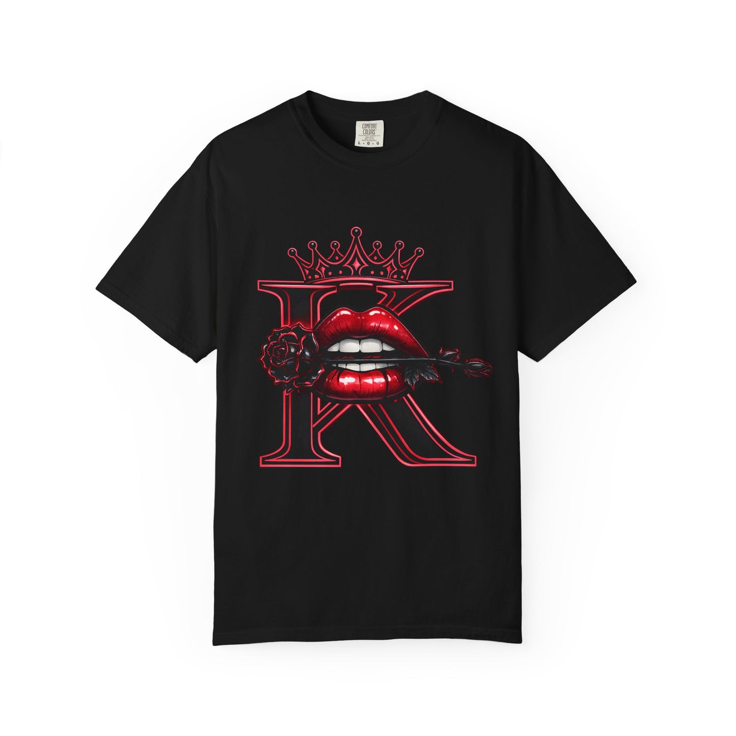 KHUSHI Black Rose Graphic T-Shirt — Red Crown & Lip Logo