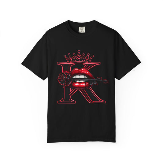 KHUSHI Black Rose Graphic T-Shirt — Red Crown & Lip Logo