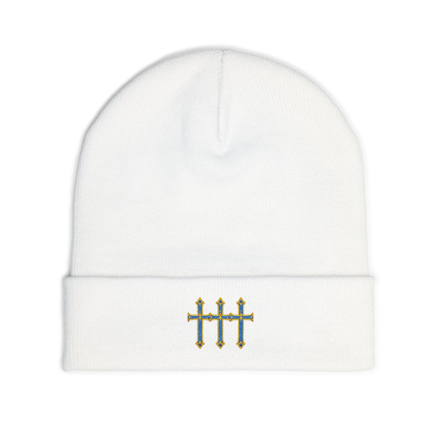Embroidered Tally Mark Beanie — Knit Winter Hat with Gold & Blue Stitching
