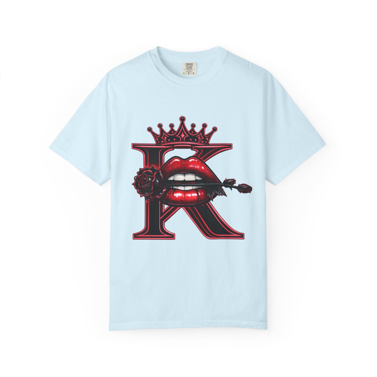 KHUSHI Black Rose Graphic T-Shirt — Red Crown & Lip Logo