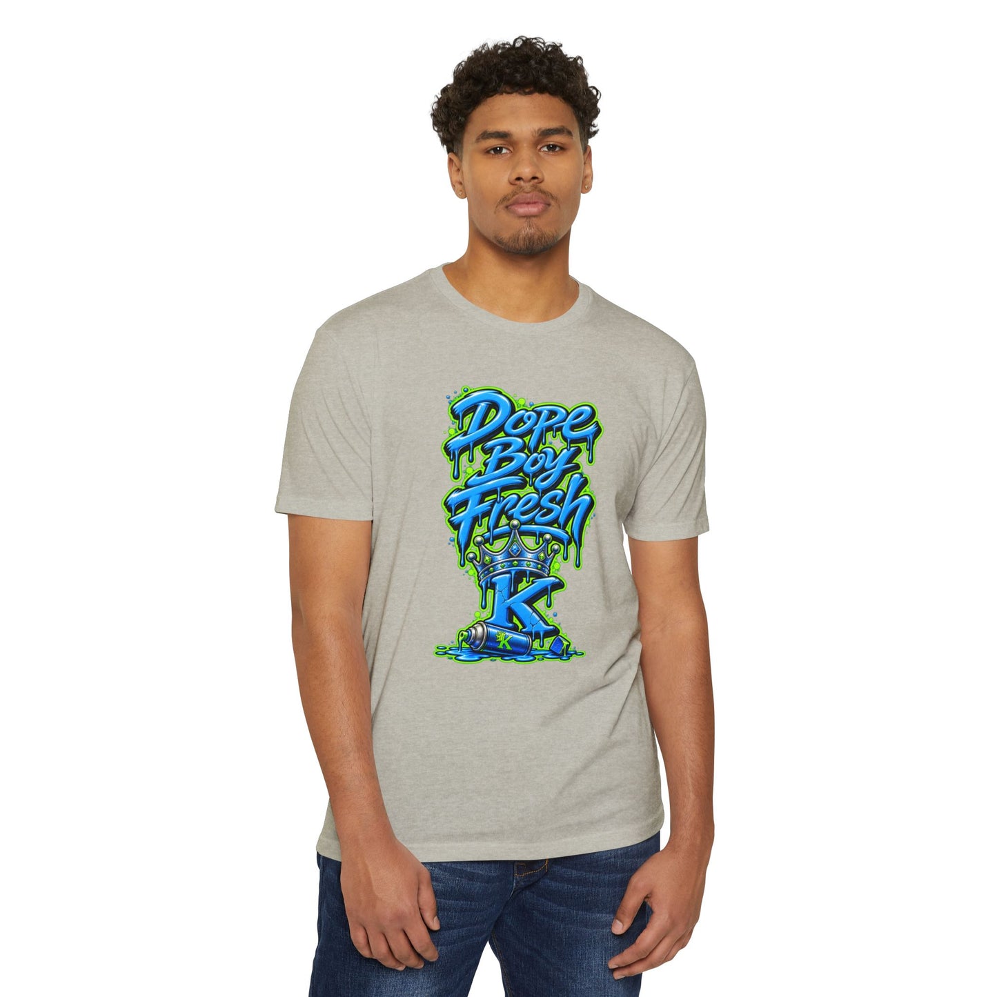 KHUSHI Dope Boy Fresh Graffiti T-Shirt — Urban Streetwear Tee with Blue & Neon Green Drip Design