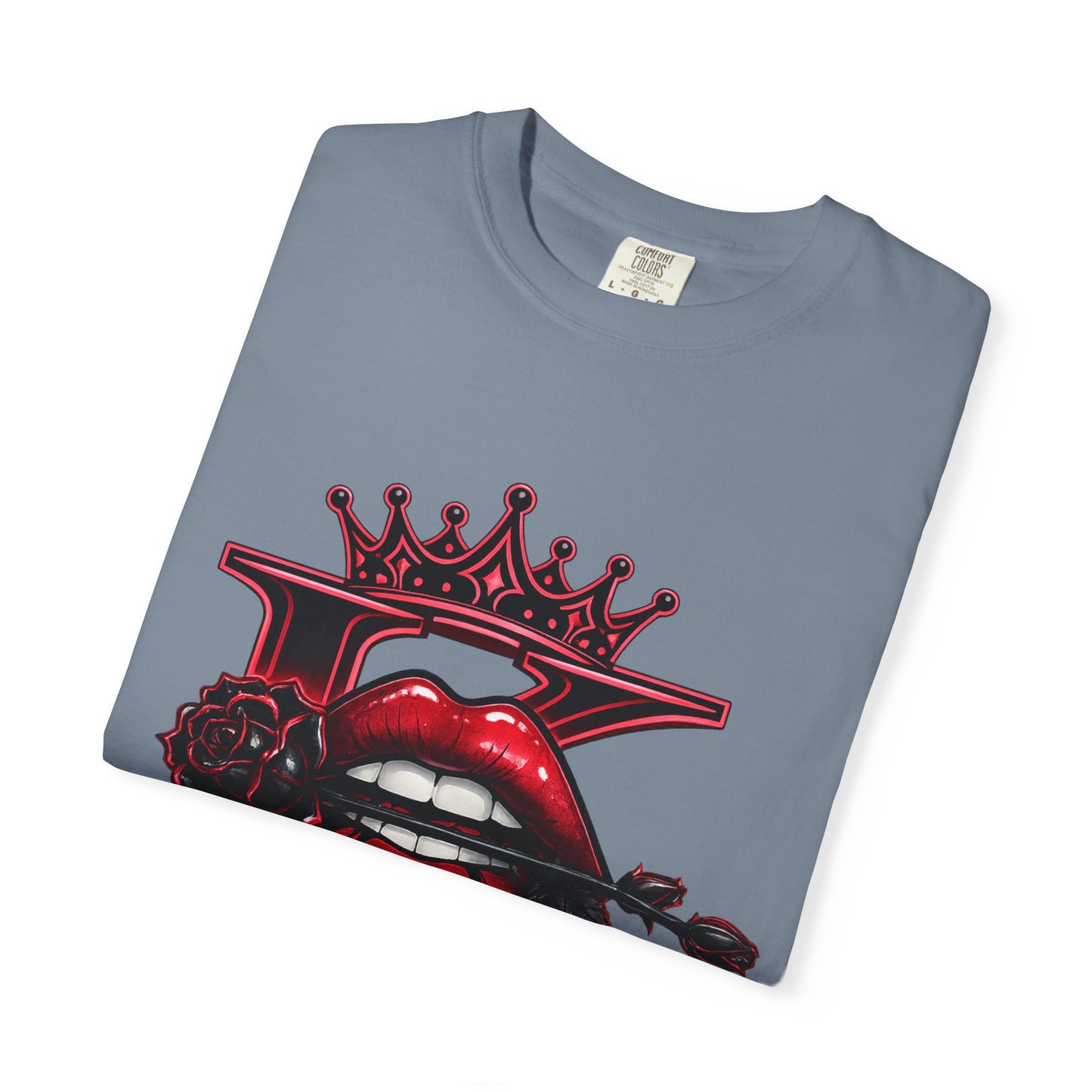 KHUSHI Black Rose Graphic T-Shirt — Red Crown & Lip Logo