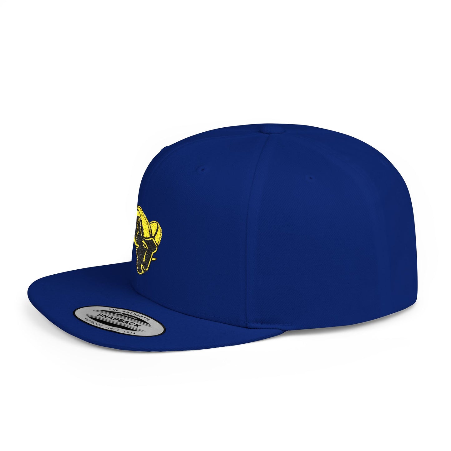 KHUSHI Ram Skull Snapback Hat — Yellow Embroidered Goat Skull Flat Bill Cap