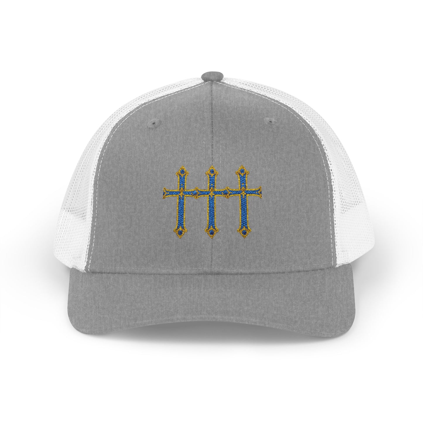 Embroidered Triple Cross Snapback Trucker Cap — Floral Gold & Blue Design