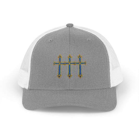 Embroidered Triple Cross Snapback Trucker Cap — Floral Gold & Blue Design