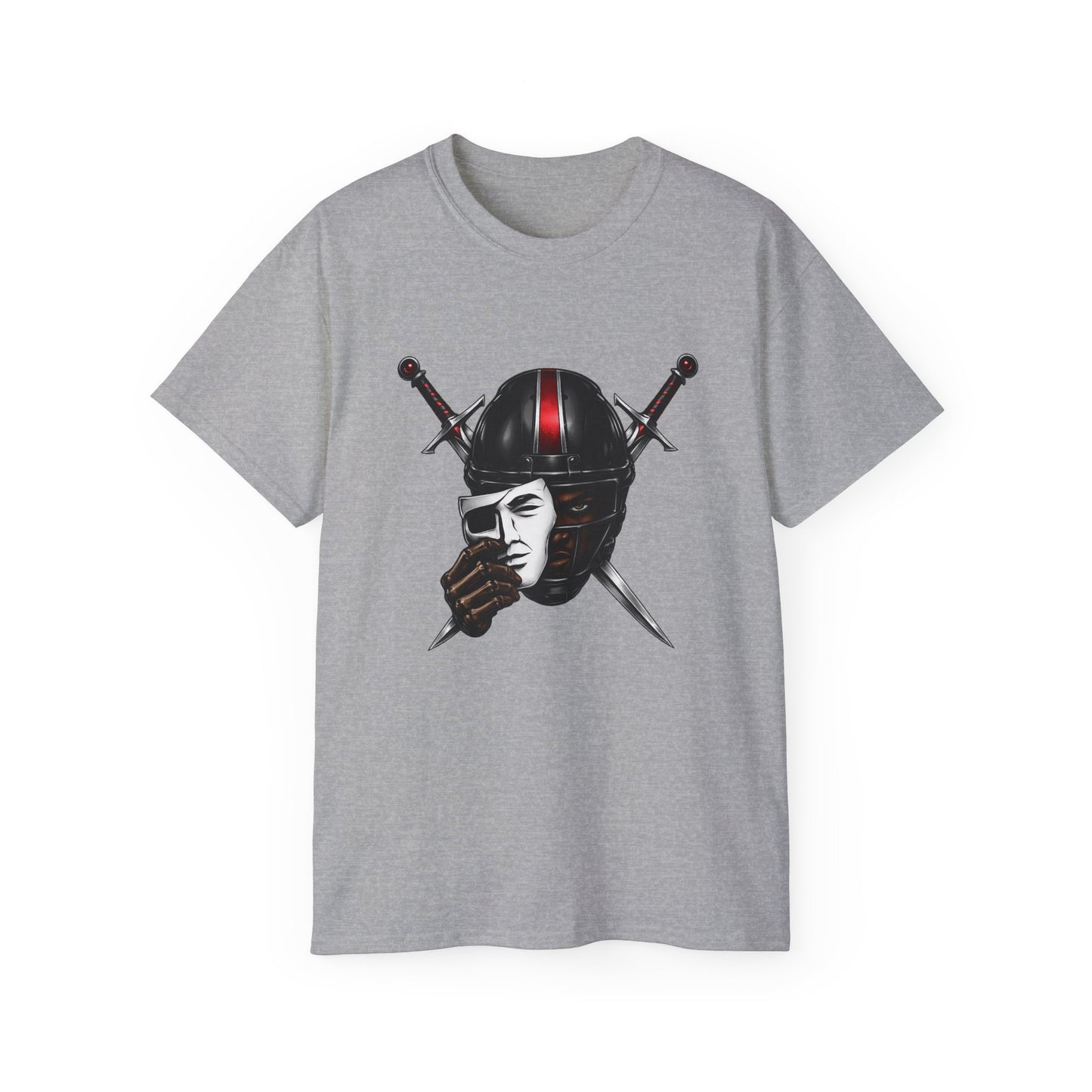 Vintage Biker Skull Helmet Tee — Rider Mask & Crossed Swords Graphic
