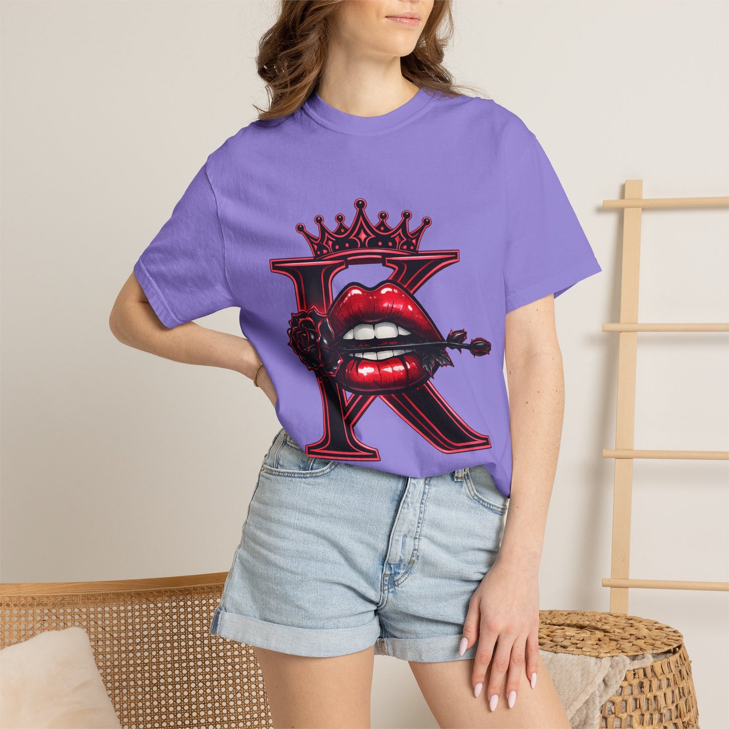 KHUSHI Black Rose Graphic T-Shirt — Red Crown & Lip Logo