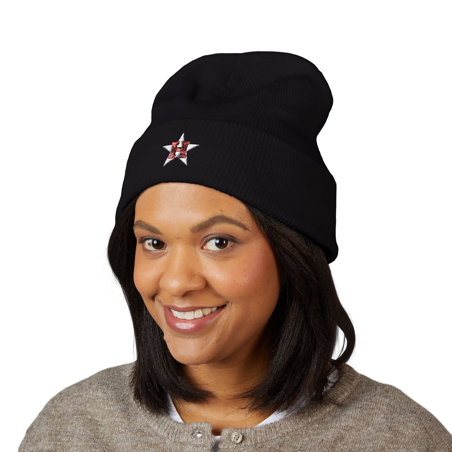Embroidered Star Bandana Initial Beanie — Classic Cuffed Knit Hat with Red 'H' Accent
