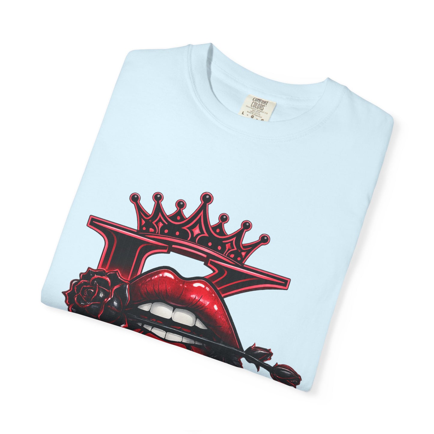 KHUSHI Black Rose Graphic T-Shirt — Red Crown & Lip Logo