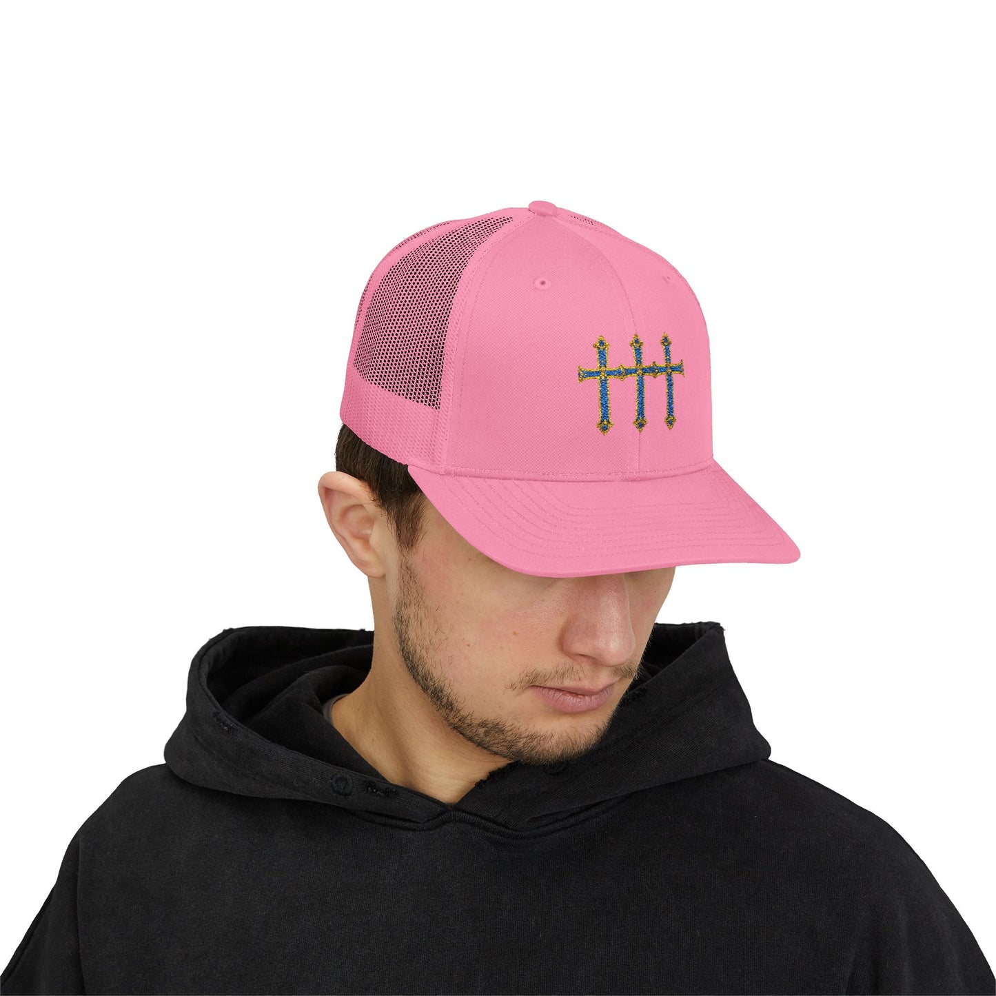 Embroidered Triple Cross Snapback Trucker Cap — Floral Gold & Blue Design