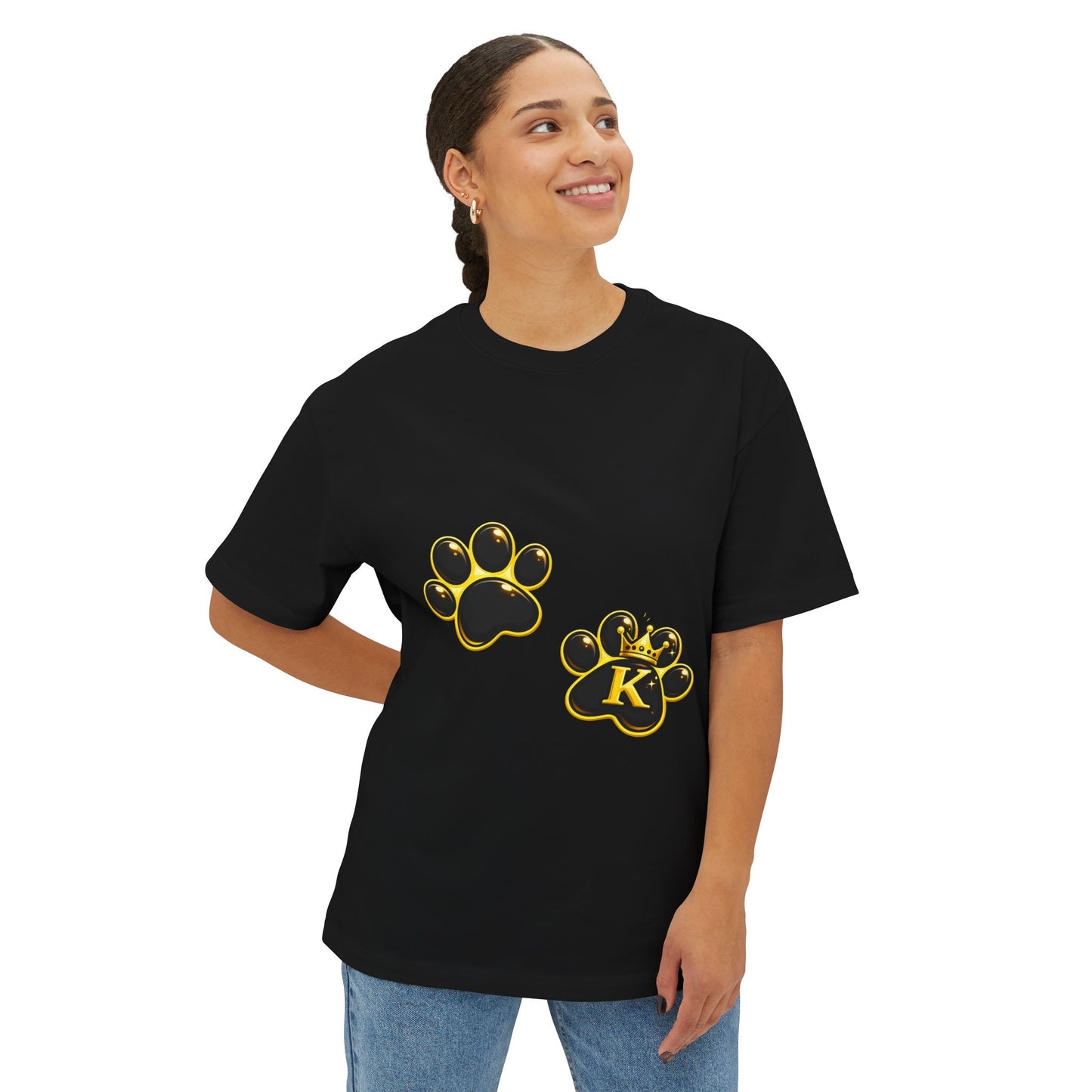 KHUSHI Paw Print Boxy Tee – Black & Gold K Accent